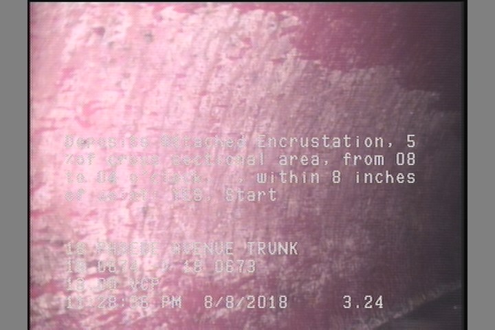 Deposits Attached Encrustation, 5 %of cross sectional area, from 08 to 04 o'clock, , within 8 inches of joint: YES, Start