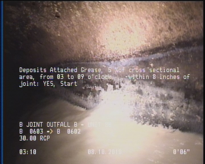 Deposits Attached Grease, 5 %of cross sectional area, from 03 to 09 o'clock, , within 8 inches of joint: YES, Start