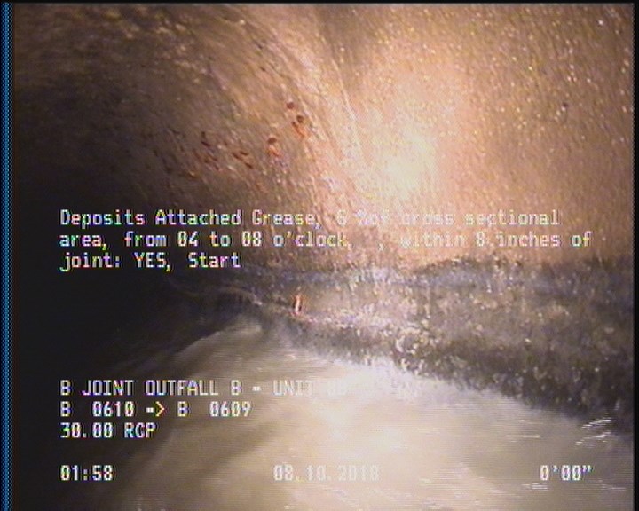 Deposits Attached Grease, 5 %of cross sectional area, from 04 to 08 o'clock, , within 8 inches of joint: YES, Start