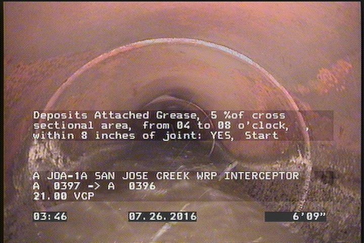 Deposits Attached Grease, 5 %of cross sectional area, from 04 to 08 o'clock, , within 8 inches of joint: YES, Start