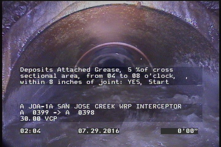 Deposits Attached Grease, 5 %of cross sectional area, from 04 to 08 o'clock, , within 8 inches of joint: YES, Start