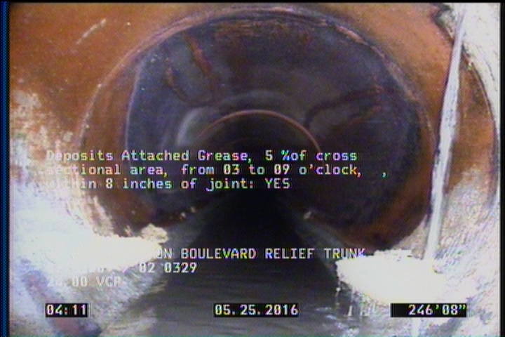 Deposits Attached Grease, 5 %of cross sectional area, from 03 to 09 o'clock, , within 8 inches of joint: YES