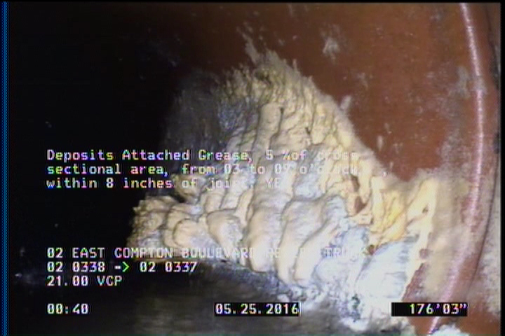 Deposits Attached Grease, 5 %of cross sectional area, from 03 to 09 o'clock, , within 8 inches of joint: YES