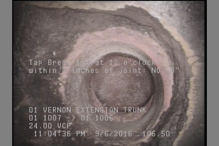 Tap Break-In, at 12 o'clock, -, within 8 inches of joint: NO, 6"