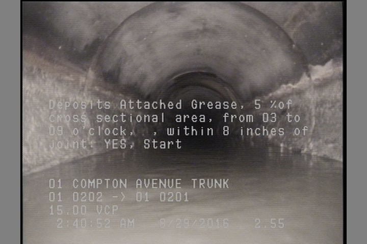 Deposits Attached Grease, 5 %of cross sectional area, from 03 to 09 o'clock, , within 8 inches of joint: YES, Start