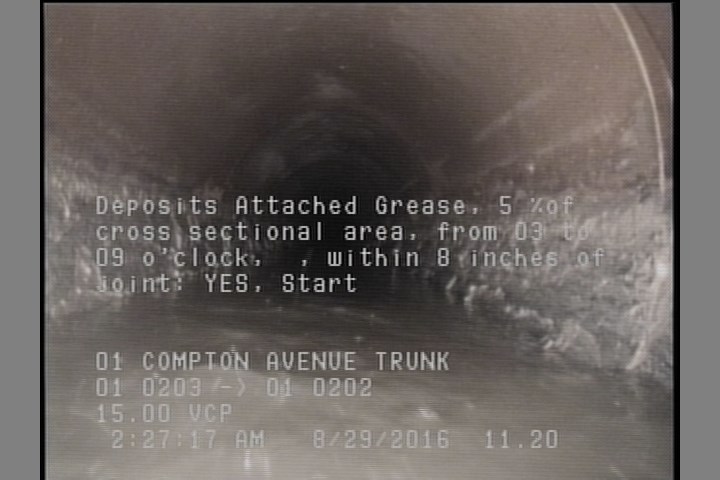 Deposits Attached Grease, 5 %of cross sectional area, from 03 to 09 o'clock, , within 8 inches of joint: YES, Start