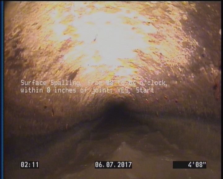 Surface Spalling, from 08 to 04 o'clock, within 8 inches of joint: YES, Start