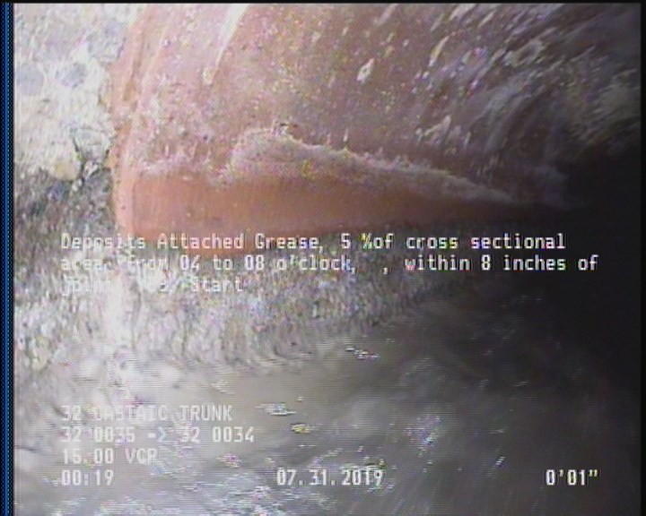 Deposits Attached Grease, 5 %of cross sectional area, from 04 to 08 o'clock, , within 8 inches of joint: YES, Start