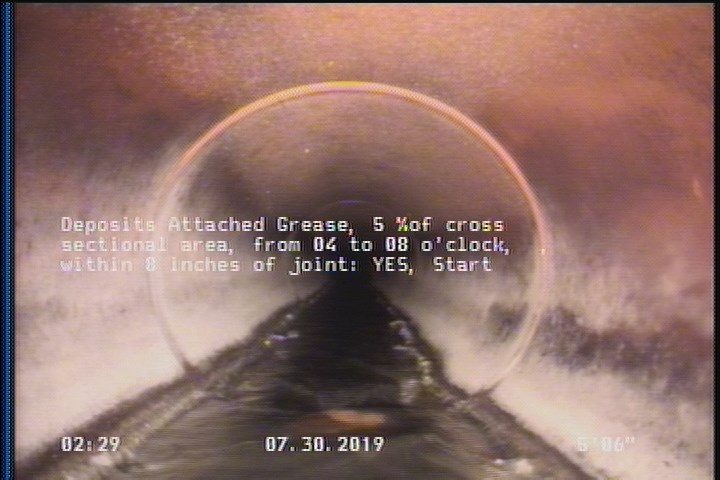 Deposits Attached Grease, 5 %of cross sectional area, from 04 to 08 o'clock, , within 8 inches of joint: YES, Start
