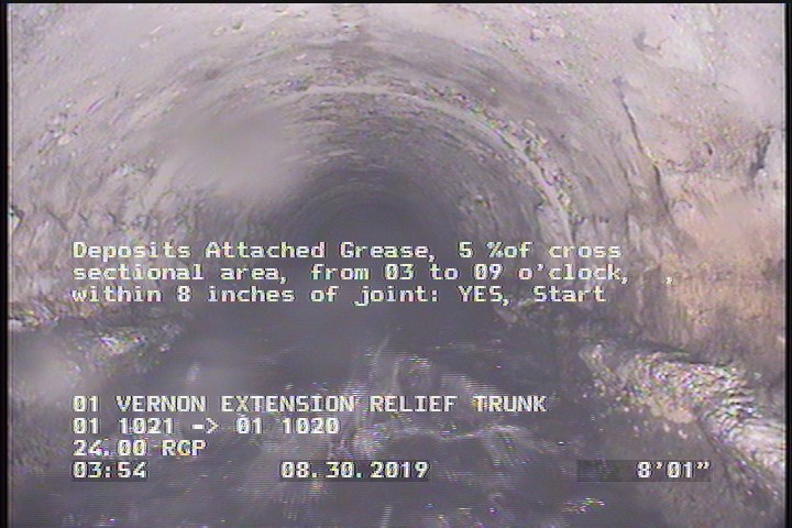 Deposits Attached Grease, 5 %of cross sectional area, from 03 to 09 o'clock, , within 8 inches of joint: YES, Start