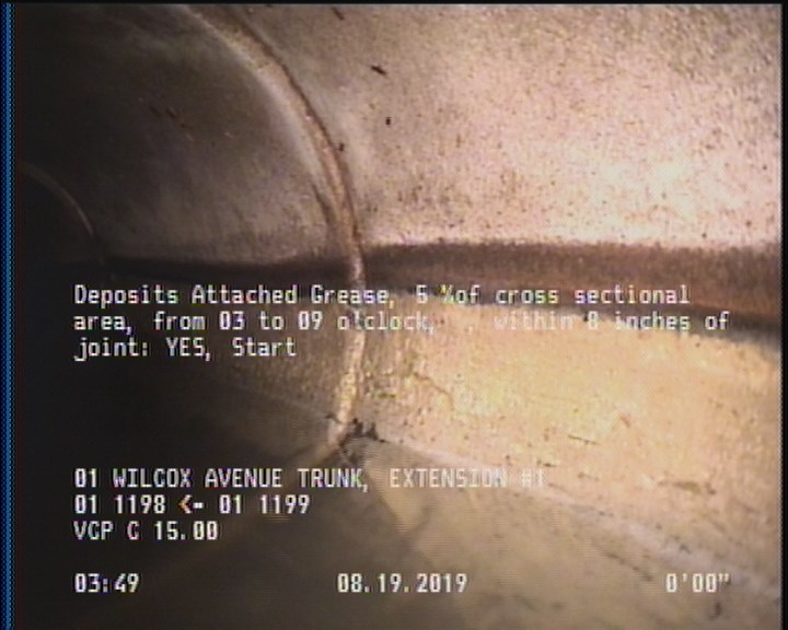Deposits Attached Grease, 5 %of cross sectional area, from 03 to 09 o'clock, , within 8 inches of joint: YES, Start