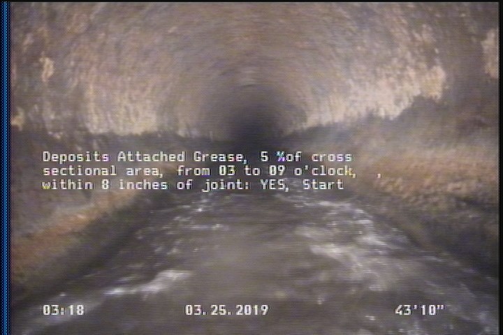 Deposits Attached Grease, 5 %of cross sectional area, from 03 to 09 o'clock, , within 8 inches of joint: YES, Start