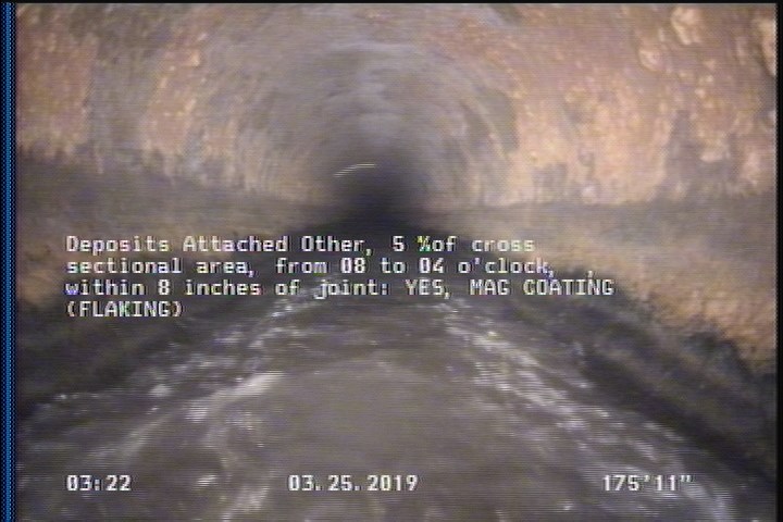 Deposits Attached Other, 5 %of cross sectional area, from 08 to 04 o'clock, , within 8 inches of joint: YES - MAG COATING (FLAKING)