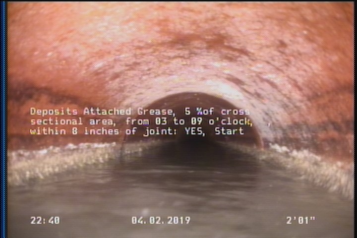 Deposits Attached Grease, 5 %of cross sectional area, from 03 to 09 o'clock, , within 8 inches of joint: YES, Start