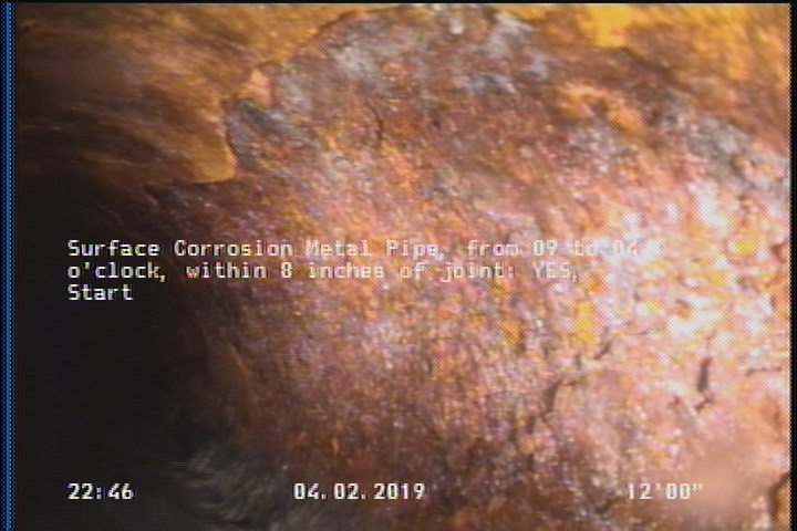 Surface Corrosion Metal Pipe, from 09 to 04 o'clock, within 8 inches of joint: YES, Start