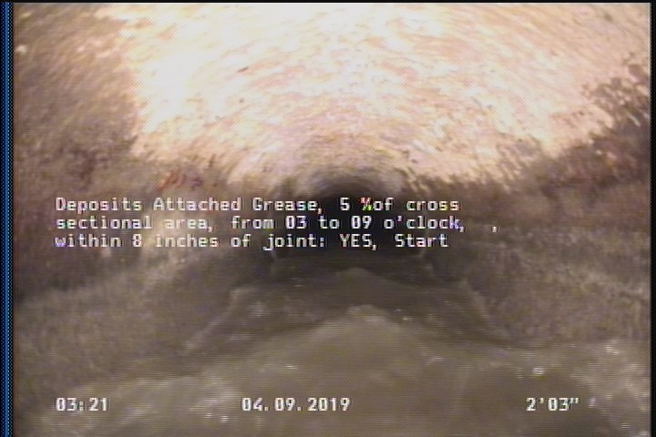 Deposits Attached Grease, 5 %of cross sectional area, from 03 to 09 o'clock, , within 8 inches of joint: YES, Start