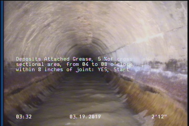 Deposits Attached Grease, 5 %of cross sectional area, from 04 to 08 o'clock, , within 8 inches of joint: YES, Start