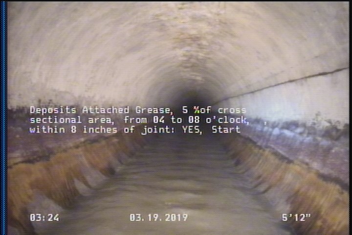 Deposits Attached Grease, 5 %of cross sectional area, from 04 to 08 o'clock, , within 8 inches of joint: YES, Start