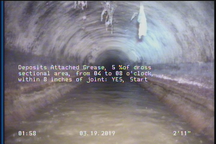 Deposits Attached Grease, 5 %of cross sectional area, from 04 to 08 o'clock, , within 8 inches of joint: YES, Start