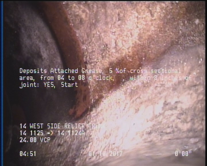 Deposits Attached Grease, 5 %of cross sectional area, from 04 to 08 o'clock, , within 8 inches of joint: YES, Start