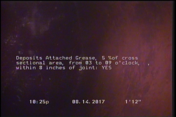 Deposits Attached Grease, 5 %of cross sectional area, from 03 to 09 o'clock, , within 8 inches of joint: YES