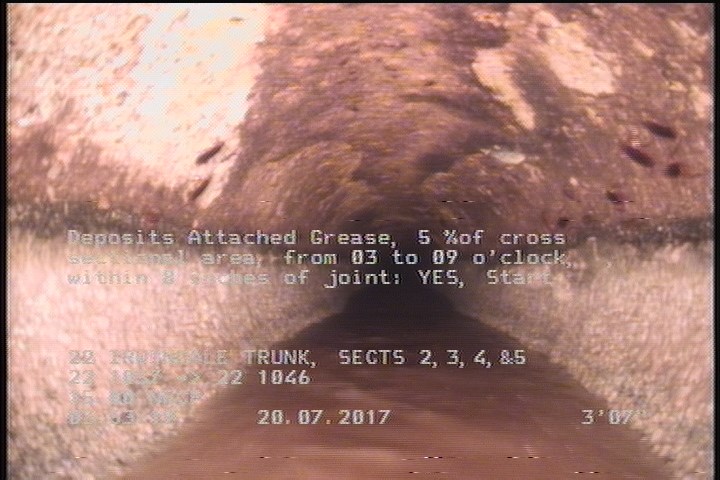 Deposits Attached Grease, 5 %of cross sectional area, from 03 to 09 o'clock, , within 8 inches of joint: YES, Start
