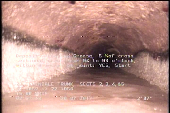 Deposits Attached Grease, 5 %of cross sectional area, from 04 to 08 o'clock, , within 8 inches of joint: YES, Start
