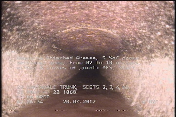 Deposits Attached Grease, 5 %of cross sectional area, from 02 to 10 o'clock, , within 8 inches of joint: YES, Start