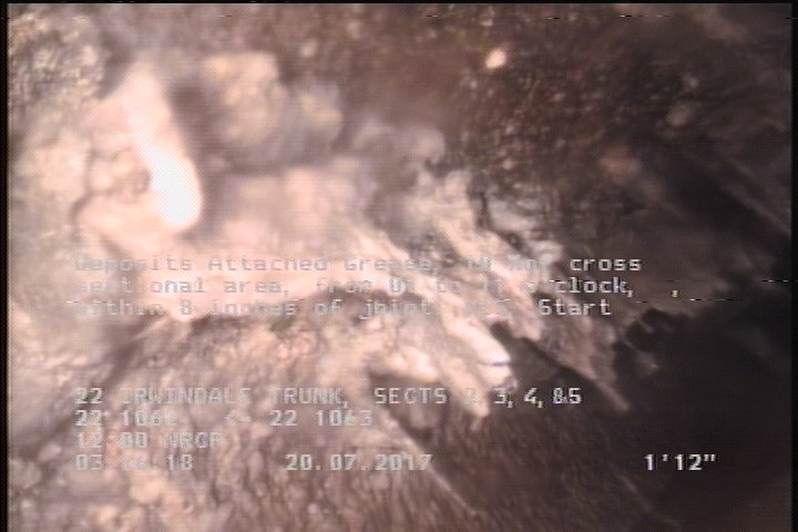 Deposits Attached Grease, 10 %of cross sectional area, from 01 to 11 o'clock, , within 8 inches of joint: YES, Start