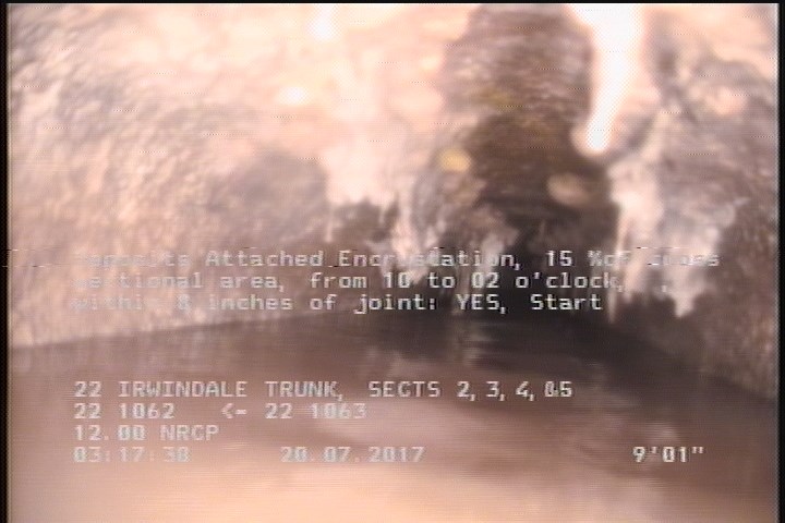 Deposits Attached Encrustation, 15 %of cross sectional area, from 10 to 02 o'clock, , within 8 inches of joint: YES, Start