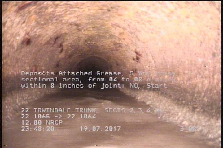 Deposits Attached Grease, 5 %of cross sectional area, from 04 to 08 o'clock, , within 8 inches of joint: NO, Start