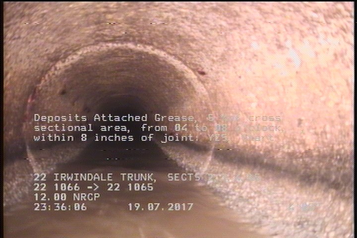 Deposits Attached Grease, 5 %of cross sectional area, from 04 to 08 o'clock, , within 8 inches of joint: YES, Start