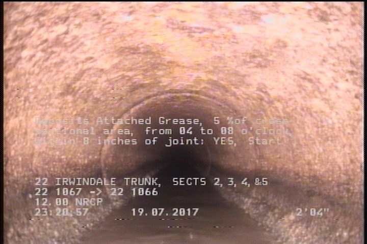 Deposits Attached Grease, 5 %of cross sectional area, from 04 to 08 o'clock, , within 8 inches of joint: YES, Start