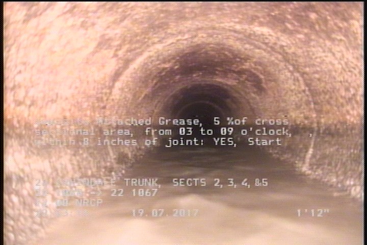 Deposits Attached Grease, 5 %of cross sectional area, from 03 to 09 o'clock, , within 8 inches of joint: YES, Start
