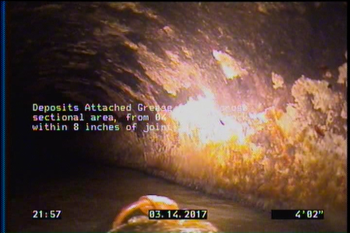 Deposits Attached Grease, 5 %of cross sectional area, from 04 to 08 o'clock, , within 8 inches of joint: YES, Start
