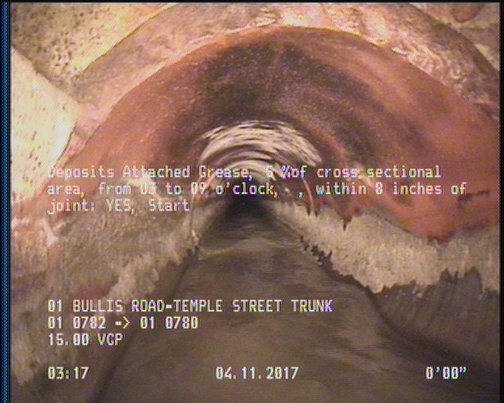 Deposits Attached Grease, 5 %of cross sectional area, from 03 to 09 o'clock, , within 8 inches of joint: YES, Start