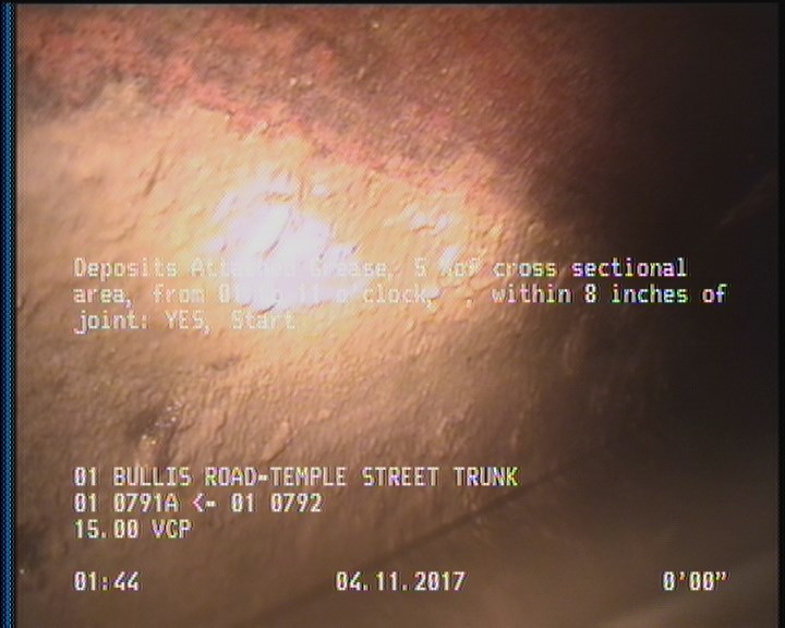 Deposits Attached Grease, 5 %of cross sectional area, from 01 to 11 o'clock, , within 8 inches of joint: YES, Start