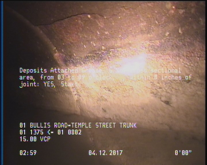 Deposits Attached Grease, 5 %of cross sectional area, from 03 to 09 o'clock, , within 8 inches of joint: YES, Start