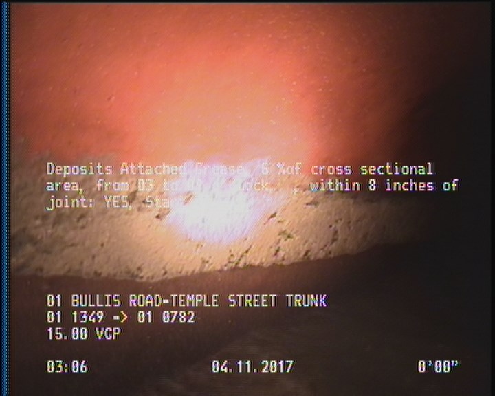 Deposits Attached Grease, 5 %of cross sectional area, from 03 to 09 o'clock, , within 8 inches of joint: YES, Start