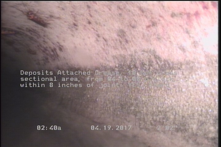 Deposits Attached Grease, 10 %of cross sectional area, from 04 to 08 o'clock, , within 8 inches of joint: YES, Start