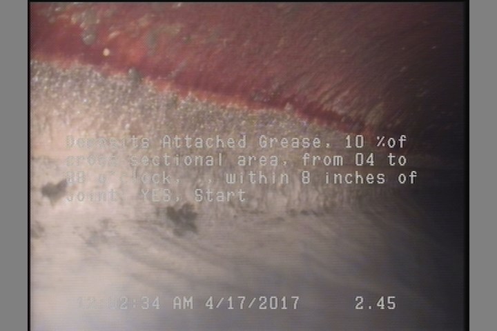 Deposits Attached Grease, 10 %of cross sectional area, from 04 to 08 o'clock, , within 8 inches of joint: YES, Start