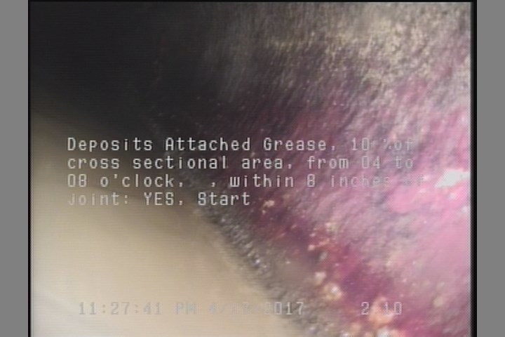 Deposits Attached Grease, 10 %of cross sectional area, from 04 to 08 o'clock, , within 8 inches of joint: YES, Start