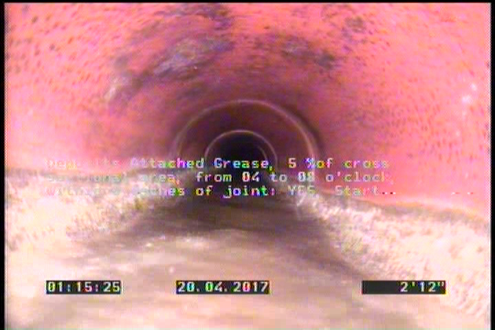 Deposits Attached Grease, 5 %of cross sectional area, from 04 to 08 o'clock, , within 8 inches of joint: YES, Start