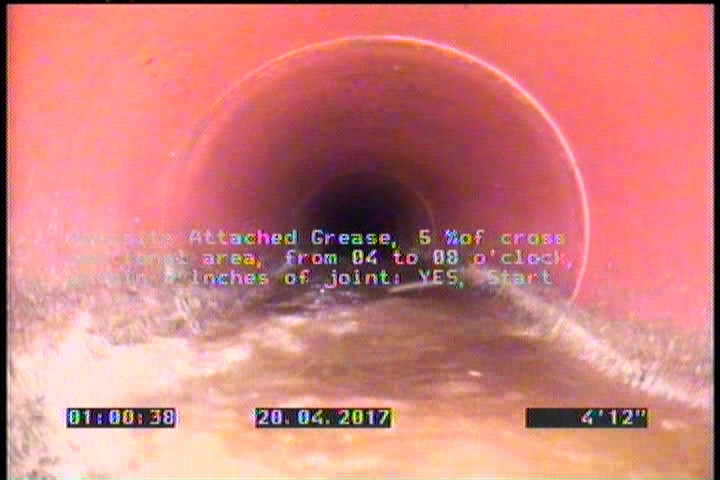 Deposits Attached Grease, 5 %of cross sectional area, from 04 to 08 o'clock, , within 8 inches of joint: YES, Start