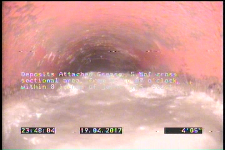 Deposits Attached Grease, 5 %of cross sectional area, from 03 to 09 o'clock, , within 8 inches of joint: YES, Start