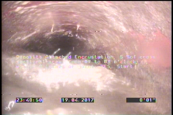 Deposits Attached Encrustation, 5 %of cross sectional area, from 09 to 03 o'clock, , within 8 inches of joint: YES, Start