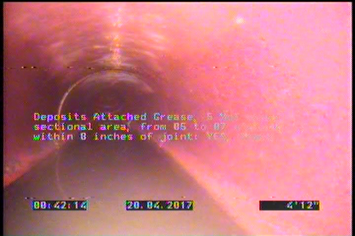 Deposits Attached Grease, 5 %of cross sectional area, from 05 to 07 o'clock, , within 8 inches of joint: YES, Start