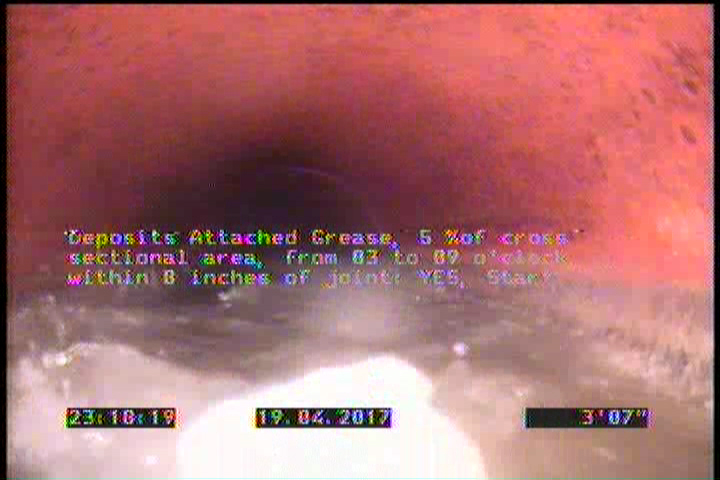 Deposits Attached Grease, 5 %of cross sectional area, from 03 to 09 o'clock, , within 8 inches of joint: YES, Start