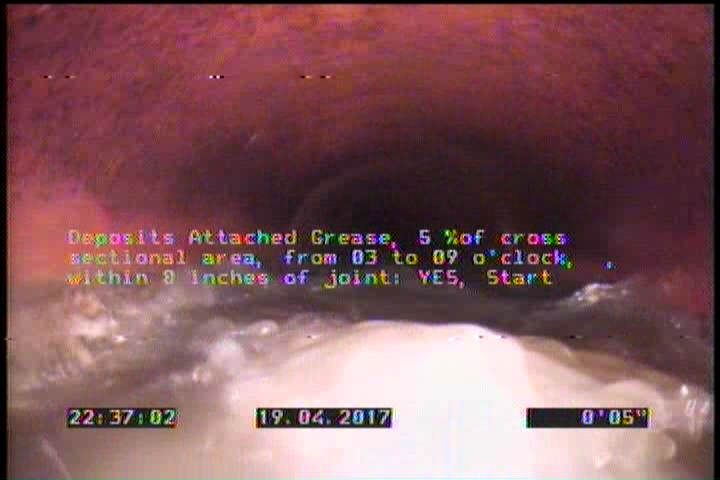 Deposits Attached Grease, 5 %of cross sectional area, from 03 to 09 o'clock, , within 8 inches of joint: YES, Start
