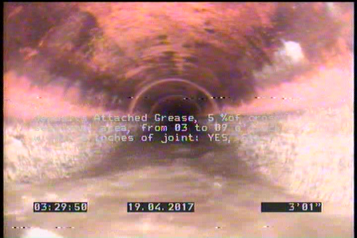 Deposits Attached Grease, 5 %of cross sectional area, from 03 to 09 o'clock, , within 8 inches of joint: YES, Start